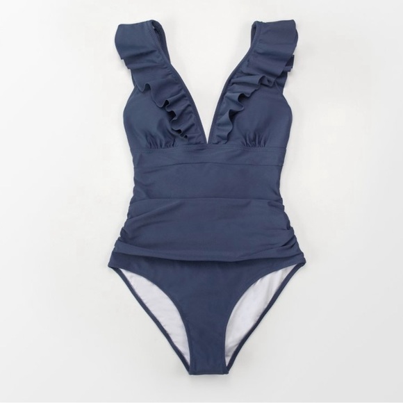 New Cupshe Ruffled Lace Up Plunge One Piece
Swimsuit Dark Blue Maillot L Beach - Picture 3 of 6